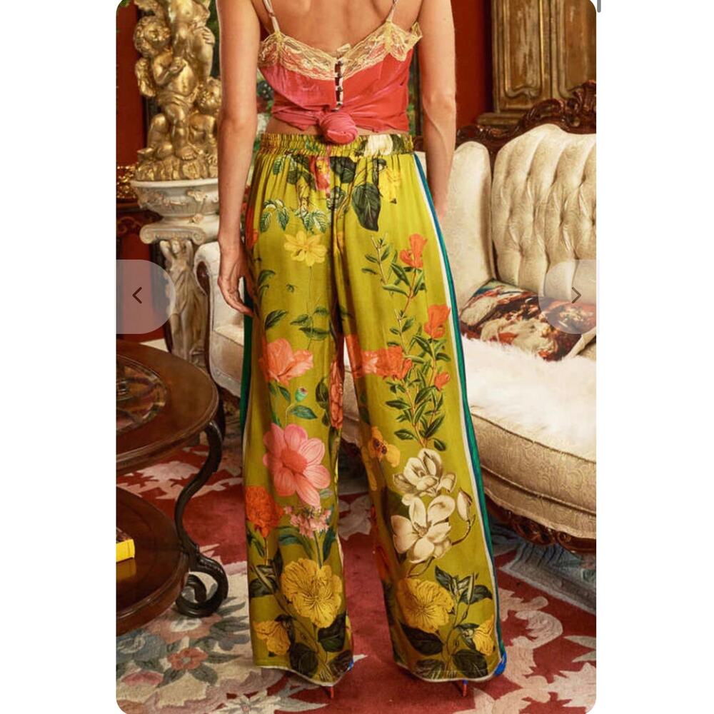 Arratta French Riviera pants bright green floral wide leg size medium - Picture 8 of 8